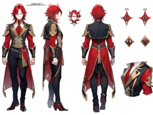 ((Masterpiece, Highest quality)), Male, boy, Detailed face, character design sheet， full bodyesbian, Full of details, frontal body view, back body view, Highly detailed, Depth, Many parts, Muscle boy with red long hair，handsome man, vampire outfit clothes, Genshin Impact, man tall