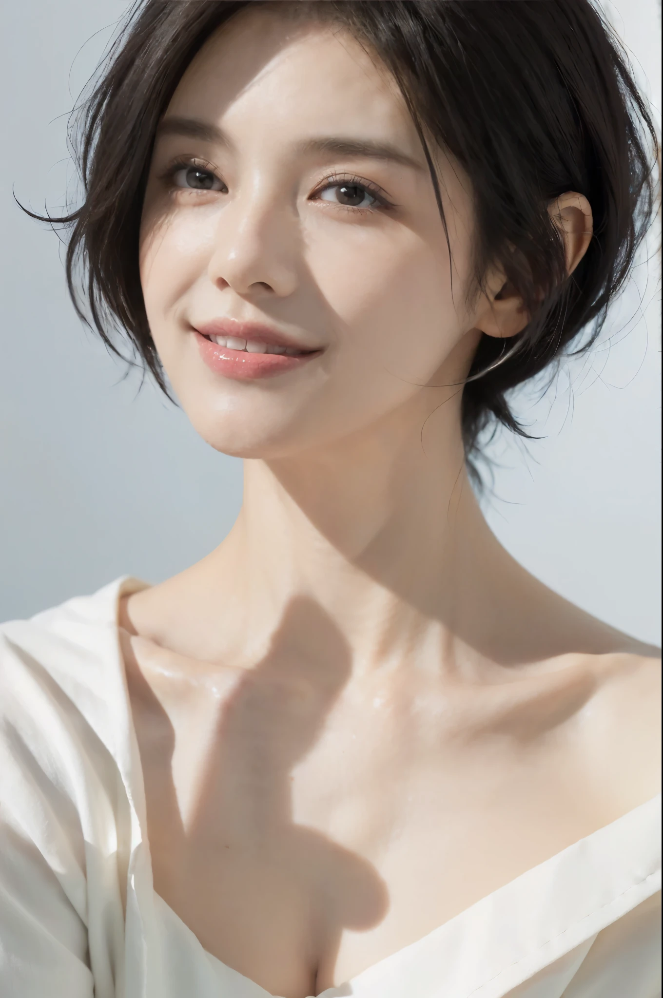 ((((8k))),((Extremely meticulous CG)) ,(wallpaper),16k,((Extremely refined and beautiful)),(((Masterpiece))),(((best qualtiy))),(((Ultra High Resolution))),beautiful light up,Perfect lightning,realistic shaded,[A high resolution],(Smooth and flawless fair skin:1.5),(pale skin:1.3),Extremely exquisite facial details,(perfect body:1.1),ultra-detailed,A beautiful girl,(18 years old:1.3),solo,small head,(Tomboyish),(short black hair:1.5),((bangs)),small face,Exquisite makeup,(small breasts:1.1),flat chests,slim,thin,(laughing:1.2),(collared sleeve shirt:1.3),(day scene:1.5),indoor,(detailed background:1.5),(upper body:1.5),(from front:1.3),