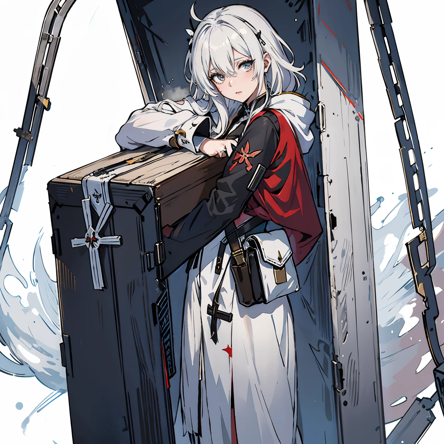 Anime-style image:A woman wearing a white dress, from Ark Night, from girls frontline, White hair deity, Ark Night, Lingchang art, girls frontline style, girls frontline cg, fleet collection style, girls frontline, White hair, prussia, by Shitao, Kushat Garland, I am the point, Lingchang,Carrying a huge coffin in the shape of a cross on the back,