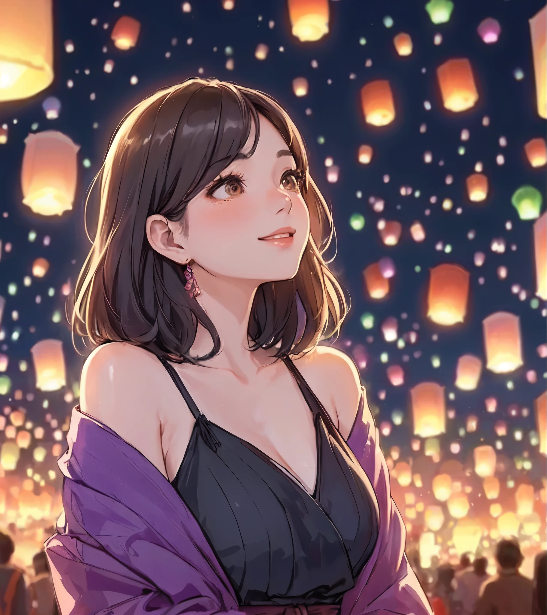 1lady solo, (looking up at the night sky:1.2), (stylish outfit), mature female, /(dark brown hair/) bangs, blush kind smile (eyes sparkling with fascination:1.1), (masterpiece best quality:1.2) delicate illustration ultra-detailed, large breasts BREAK (floating lanterns:1.2) glowing, (night sky filled with countless lanterns) BREAK (Kom Loy festival outdoors) Chiang Mai, (New Year's Day), crowded