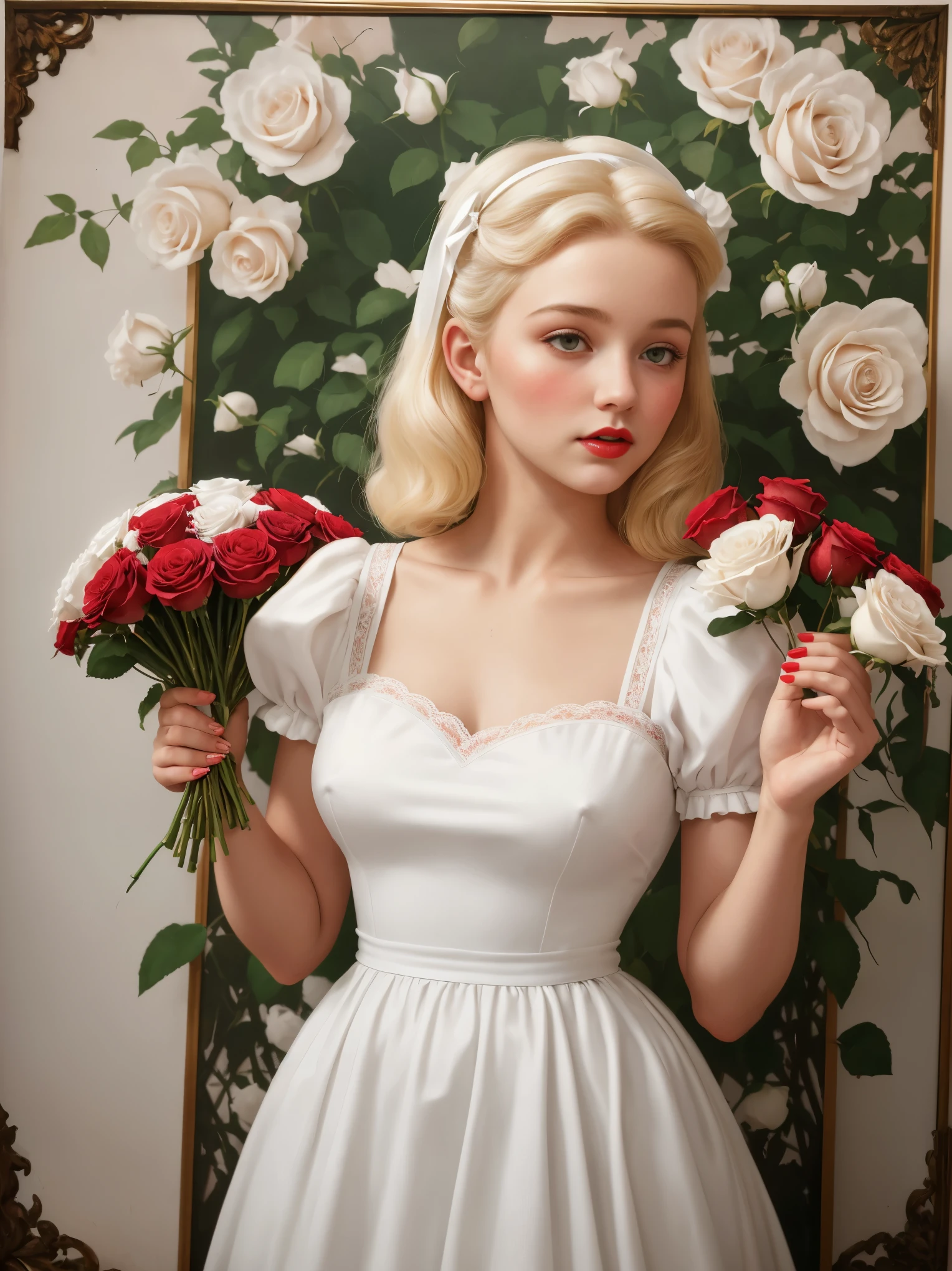 uma pintura de uma jovem mulher com cabelos loirios, blonde hair, with white bows in her hair, with a white dress from the 30s, holding a bouquet of reddish and white roses, the bouquet of roses is in front of your body, a poster inspired by Art Frahm, obturador, arte pop, beautiful retro art,  pin-up poster. poster vintage,  retrato n - 9, ( Arte Fitzpatrick )