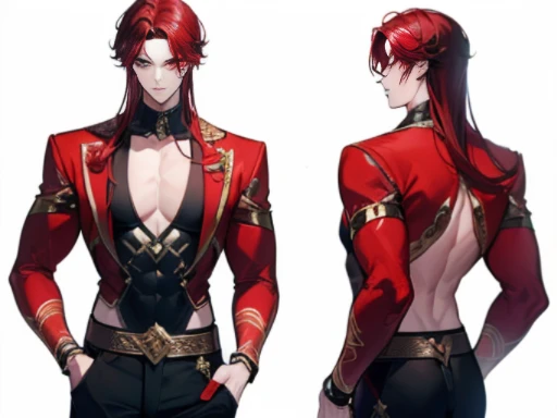 ((Masterpiece, Highest quality)), Male, boy, Detailed face, character design sheet， full bodyesbian, Full of details, frontal body view, back body view, Highly detailed, Depth, Many parts, Muscle boy with red long hair，handsome man, vampire outfit clothes, Genshin Impact, man tall