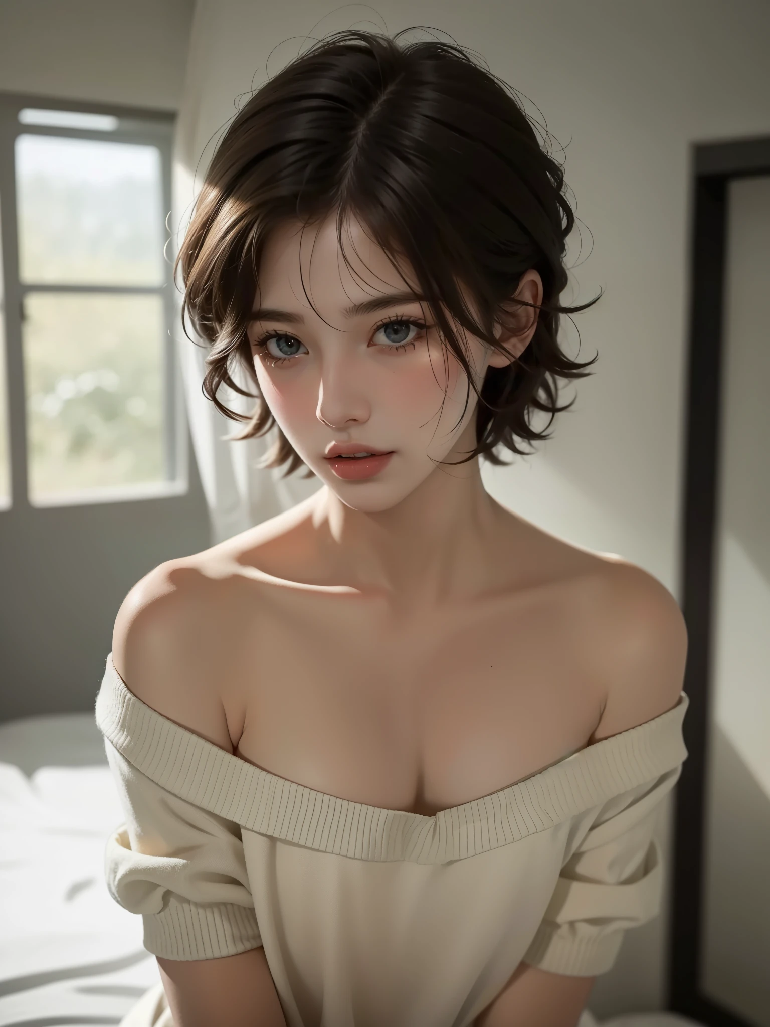 best quality, masterpiece, ultra high resolution, (lifelike: 1.5), original photo, 1 girl, Off the shoulders, in the darkness, deep shadow, cautious, cold light, sexy look, short hair,