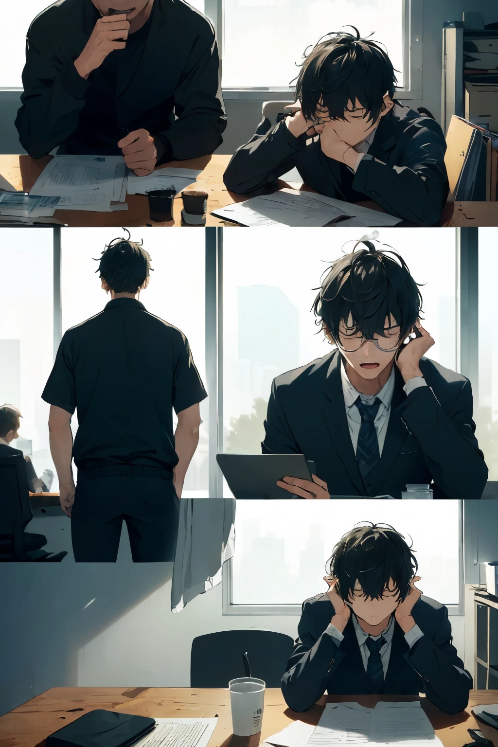 (Masterful montage of a boy's daily struggle with fatigue), (Dynamic visual representation of exhaustion's toll), (Fast-paced editing style: 1.4), (Authentic portrayal of yawning and exhaustion, renders realism), (Everyday situations: workplace, study, exercise: 1.3), (Detailed depiction of the authentic experience of fatigue), (Realistic reactions to the relentless battle against drowsiness), (Rapid transitions between scenarios, maintaining an engaging narrative), ( strugggle to keep awake amidst the chaos of life), (Capturing the essence of exhaustion's impact on everyday experiences), (High-energy editing,