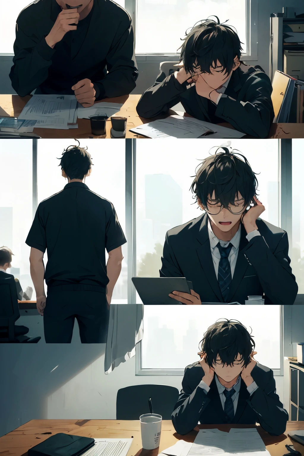 (Masterful montage of a boy's daily struggle with fatigue), (Dynamic visual representation of exhaustion's toll), (Fast-paced editing style: 1.4), (Authentic portrayal of yawning and exhaustion, renders realism), (Everyday situations: workplace, study, exercise: 1.3), (Detailed depiction of the authentic experience of fatigue), (Realistic reactions to the relentless battle against drowsiness), (Rapid transitions between scenarios, maintaining an engaging narrative), ( strugggle to keep awake amidst the chaos of life), (Capturing the essence of exhaustion's impact on everyday experiences), (High-energy editing,