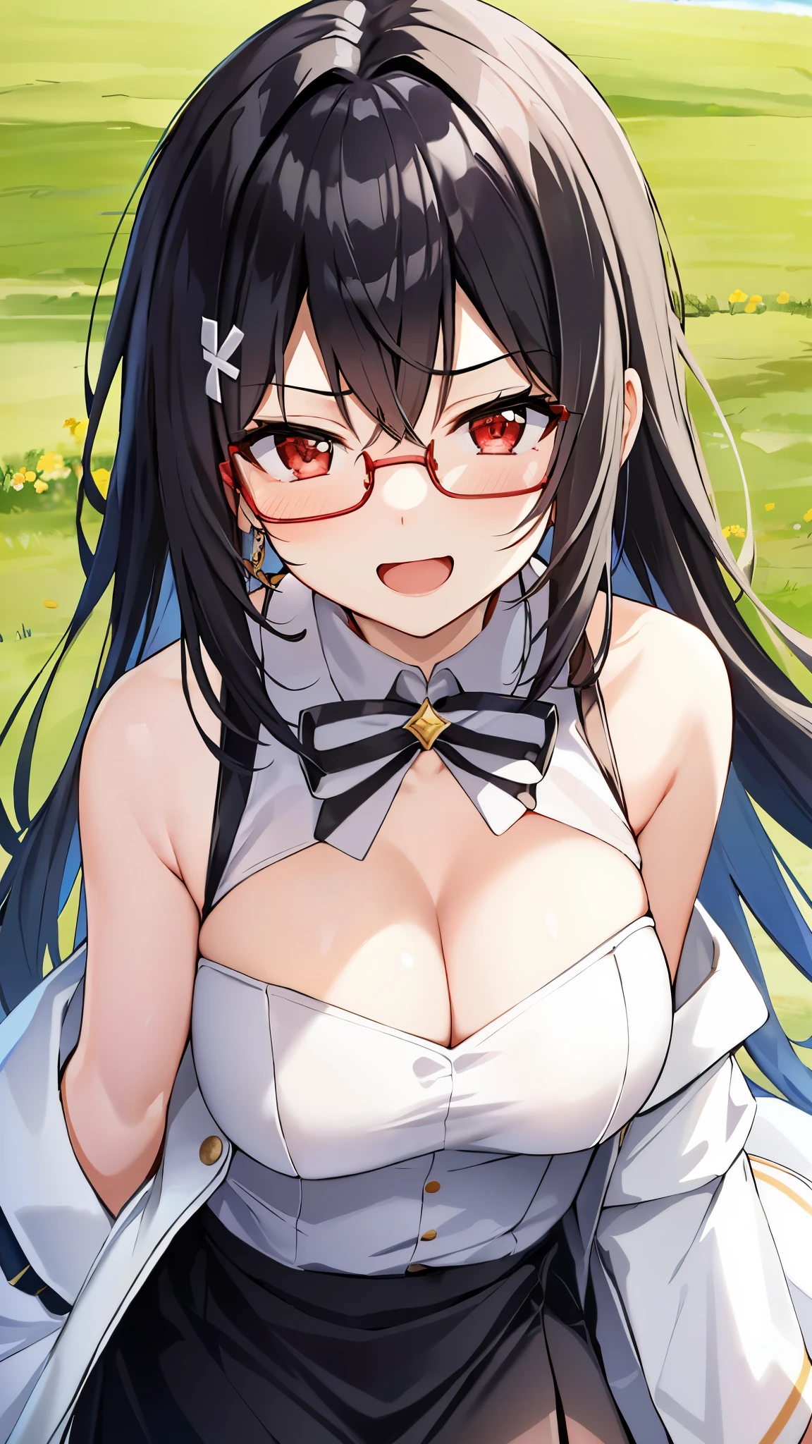 masterpiece, best quality, purah, red glasses,Off the shoulder dress, hair accessories, white jacket, sleeveless tops, black skirt, Upper body, from above, looking at the audience, Smile, open mouth, Frowning, rural ,cleavage