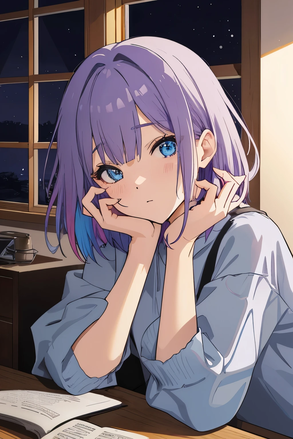 Scene View,null,anime style, house light ,night,headrest, intense angle, Curtsey,(Light purple hair)、(Web Hair)、medium hair、sparkling blue eyes、winter scenery,highest quality、Multicolored hair、((indoor))