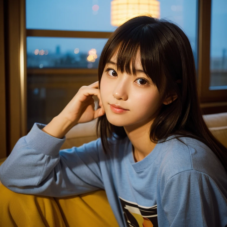 The face of a young Japanese woman posing like a model by the window. Focal length 100mmf/2.8, early winter night, living room on the upper floor of a tower apartment, plain T-shirt and shorts, close-up of eyes, film quality.