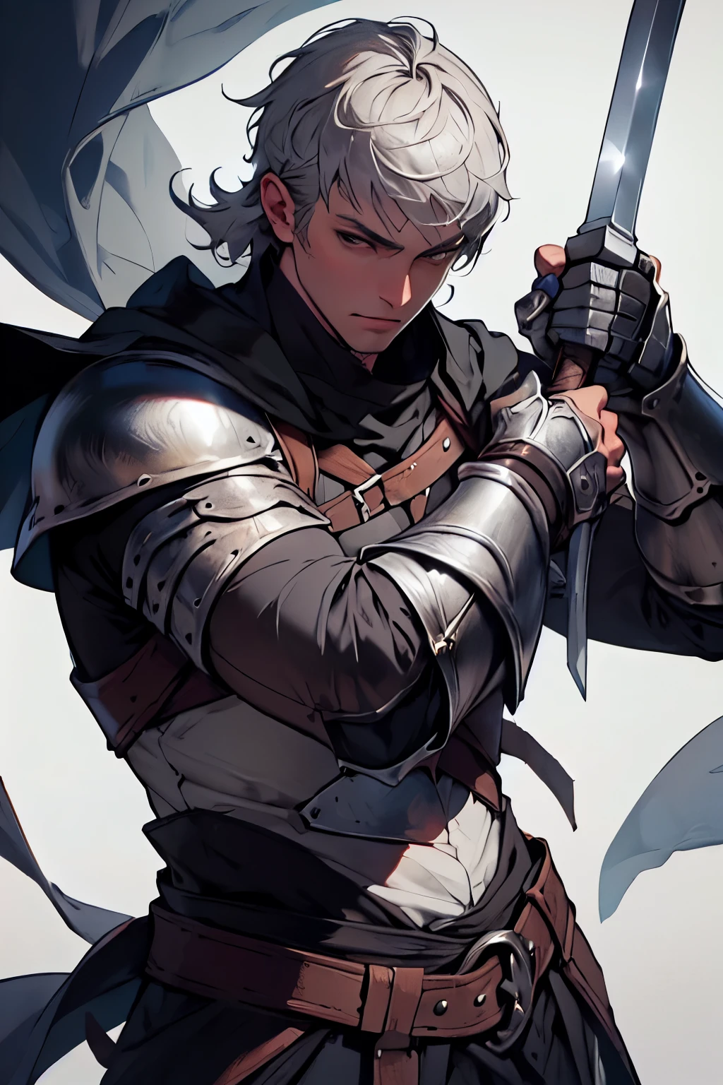 knight,silver armor,Black cape,highlight,Hold the greatsword in both hands,middle Ages,religion,front,Full body image