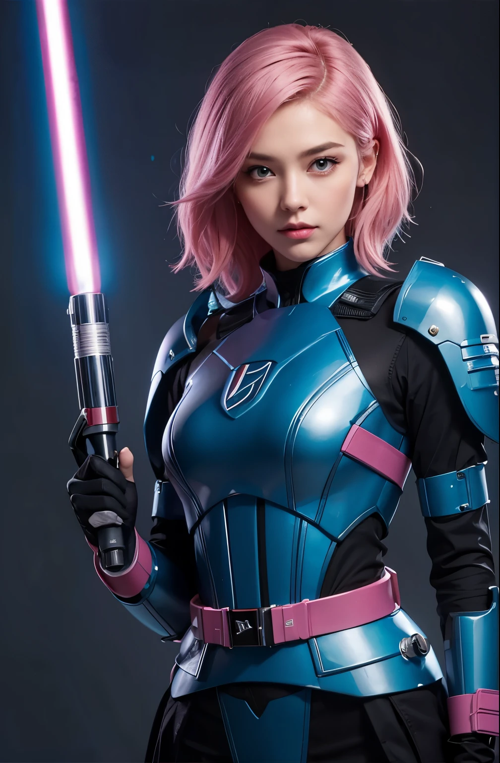 A very beautiful woman. Twenty years old. pink hair. She wears a blue metallic battle uniform. He holds a light saber in one hand. Serious look.
