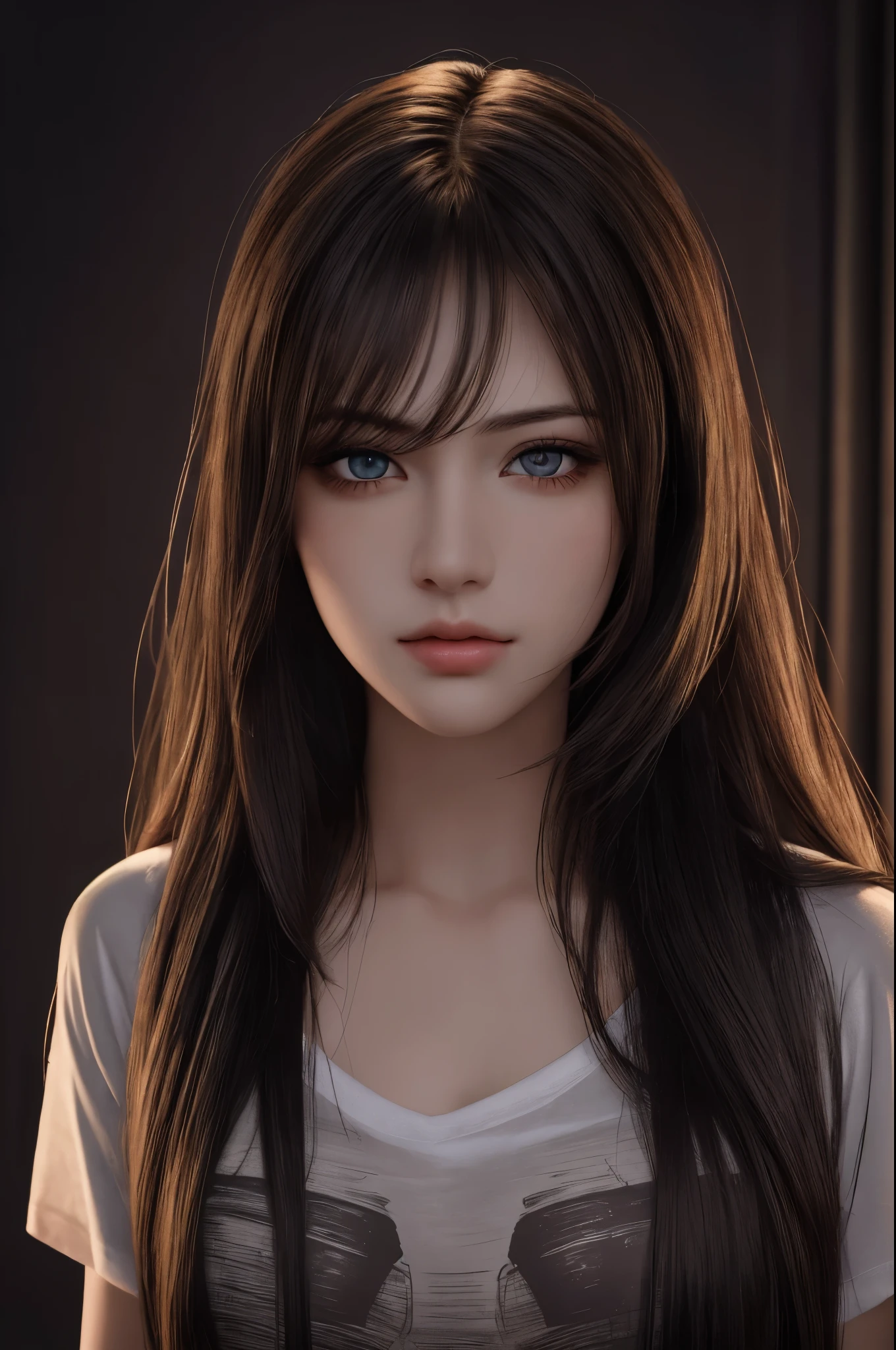 best quality, masterpiece, ultra high resolution, (lifelike:1.37), original photo, 1 girl, long hair, beautiful eyes, beautiful face, Detailed eyes and face, t-shirt, dynamic lighting, in the darkness, deep shadow, low profile, cowboy shooting