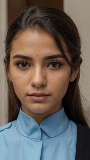 (higher resolution, distinto_imagem) melhor qualidade, Pessoa solteira, Uma mulher, Sozinho, obra de arte, altamente detalhado, semi-realista, cabelo curto preto, Cabelo preto, franja, 18 anos de idade, maduro, light blue uniforme militar, uniforme militar, fundo interno, gentil, authoritarian, Poderoso, Exquisite facial features, Exquisite facial features