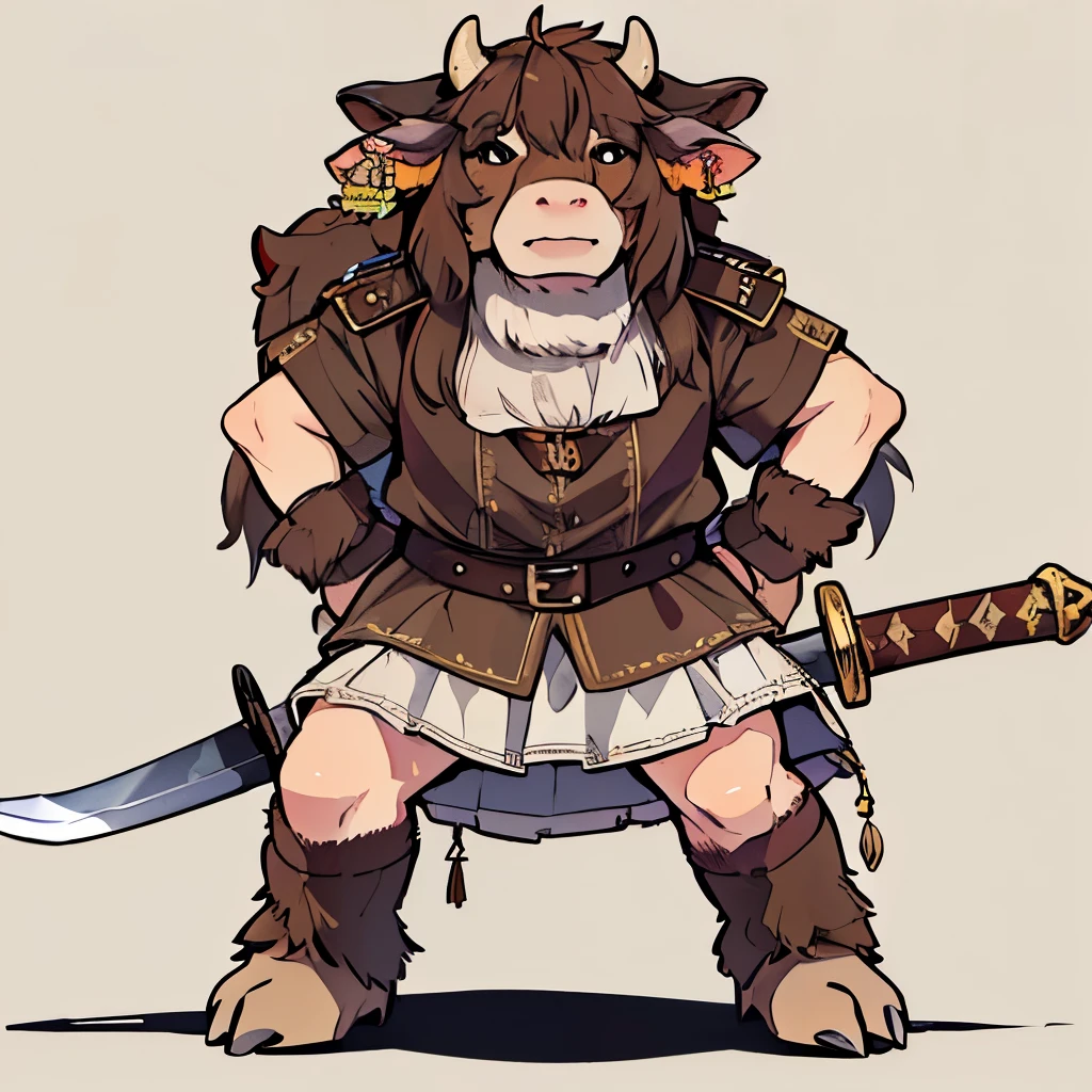 Brown minotaur, ((longsword)), (big), ((scary)), (((hairy))), (((((cow face))))), ((monster)), ((((minotaur)))), ((not human)), full body, bipedal, standing, strong, muscles, ((medieval clothing)), d&d, (medieval), hooves, tall, ((cow)), short shirt, skirt, closed mouth, (hand on hips), ((medieval blouse)), ((sword on the back))