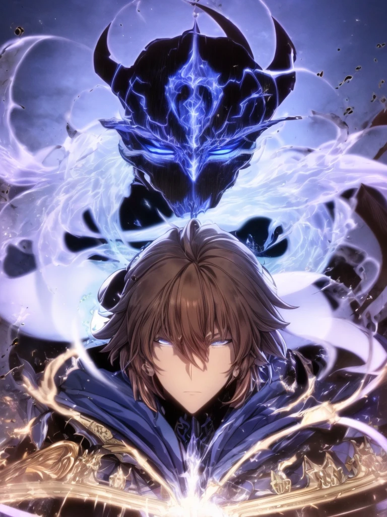 ultra HD 8k best quality,ultra-detailed,realistic:1.37,portrait,dark fantasy,anime,solo leveling,heroic character, one boy,Brown eyes, Brown hair, overcoat with hood, sharp focus,magical powers,mysterious aura,dynamic pose,threatening expression,glowing eyes,demonic presence,grim reaper cloak,detailed armor,enchanted weapon,dark background,eerie lighting,blue color palette,smoke effects,action scene,high contrast,fluid brush strokes,masterpiece:1.2