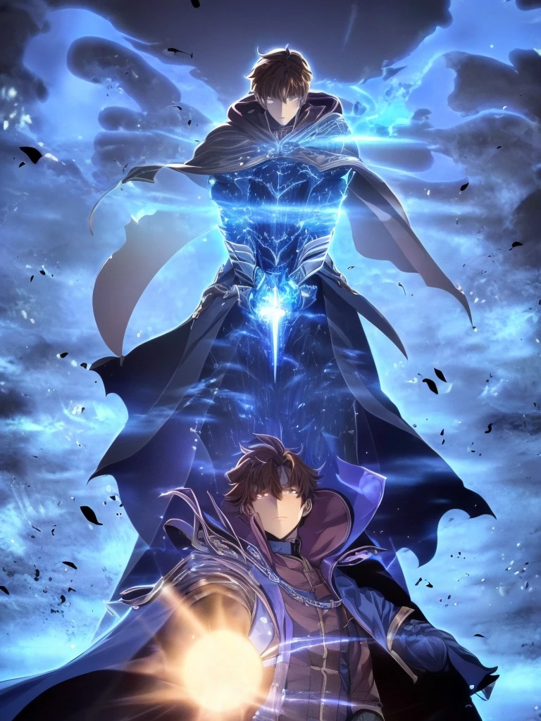 ultra HD 8k best quality,ultra-detailed,realistic:1.37,portrait,dark fantasy,anime,solo leveling,heroic character, one boy,Brown eyes, Brown hair, overcoat with hood, sharp focus,magical powers,mysterious aura,dynamic pose,threatening expression,glowing eyes,demonic presence,grim reaper cloak,detailed armor,enchanted weapon,dark background,eerie lighting,blue color palette,smoke effects,action scene,high contrast,fluid brush strokes,masterpiece:1.2