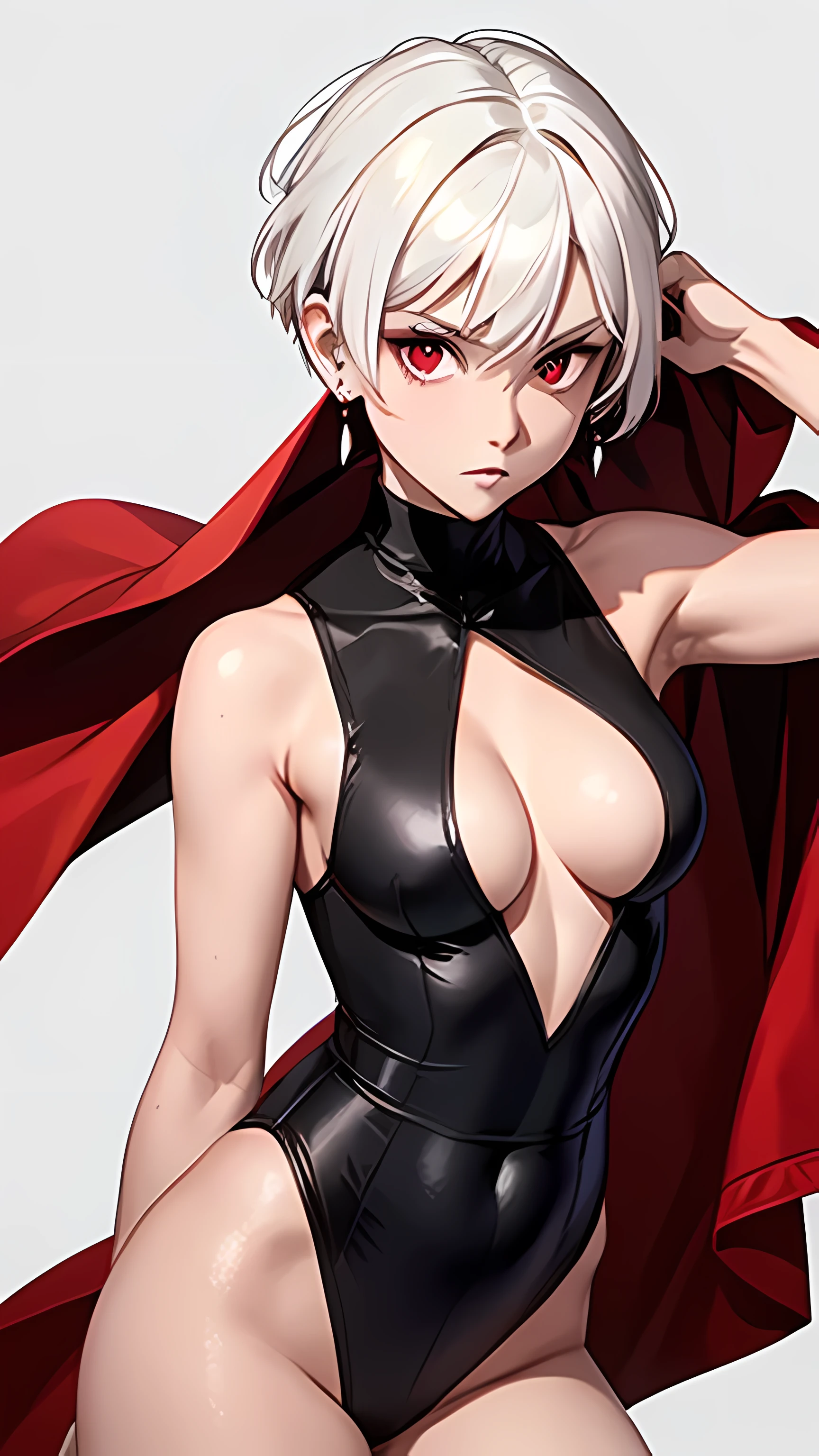 1 girl, short white hair, green earrings, red eyes, wearing plain skin tight black leotard with a small diamond cut at her cleavage, red short sleeve cloak falling off shoulders,