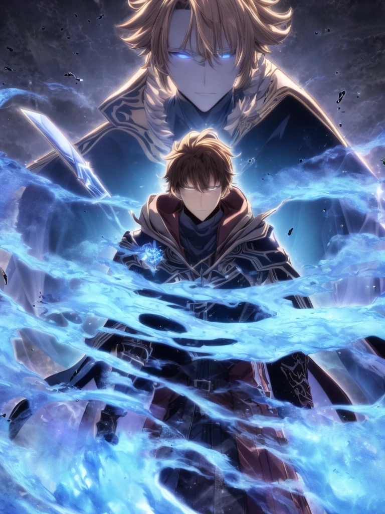 ultra HD 8k best quality,ultra-detailed,realistic:1.37,portrait,dark fantasy,anime,solo leveling,heroic character, one boy,Brown eyes, Brown hair, overcoat with hood, sharp focus,magical powers,mysterious aura,dynamic pose,threatening expression,glowing eyes,demonic presence,grim reaper cloak,detailed armor,enchanted weapon,dark background,eerie lighting,blue color palette,smoke effects,action scene,high contrast,fluid brush strokes,masterpiece:1.2