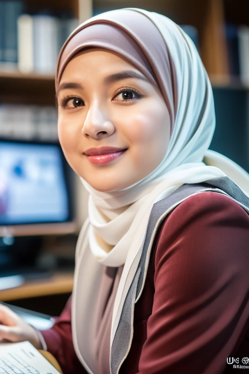 ((Masterpiece, ultra detailed, best quality, HDR, UHD, Sharp focus, hyper realistic, photorealistic, like a photo, RAW Photo))1 girl, soft smile,abaya, malaysia government workers, viewing audience from her desk, close up, hijab, tudung bawal, scarf, 30 yo
