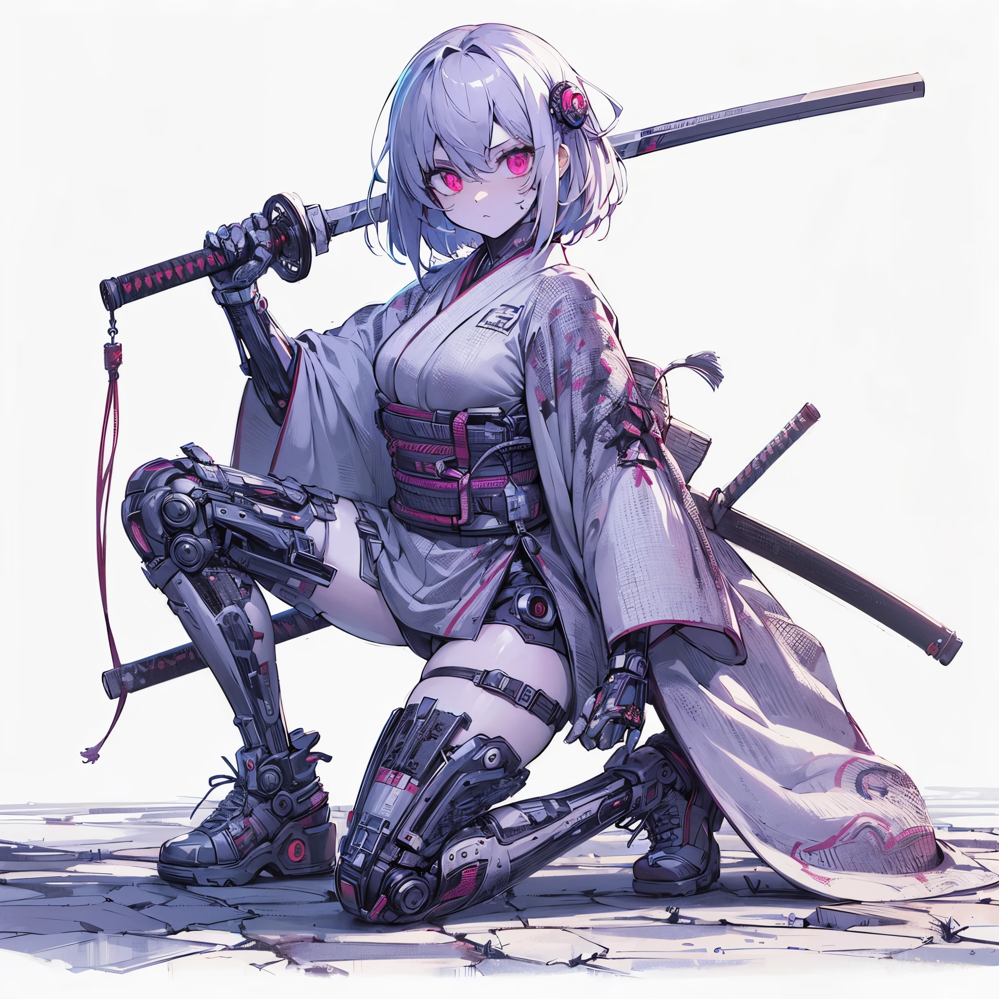 (Masterpiece, best quality), (perfect athlete body:1.2), (detailed hair), ultra-detailed, comic style, solo, full body, cute Cyberpunk zombie girl, White hair and red eye, light purple skin, wearing cyber kimono, holding KATANA sword, kneeling posture, wearing top-soled boots, digital painting, 8k high resolution, whole body, white background, standing wasteland