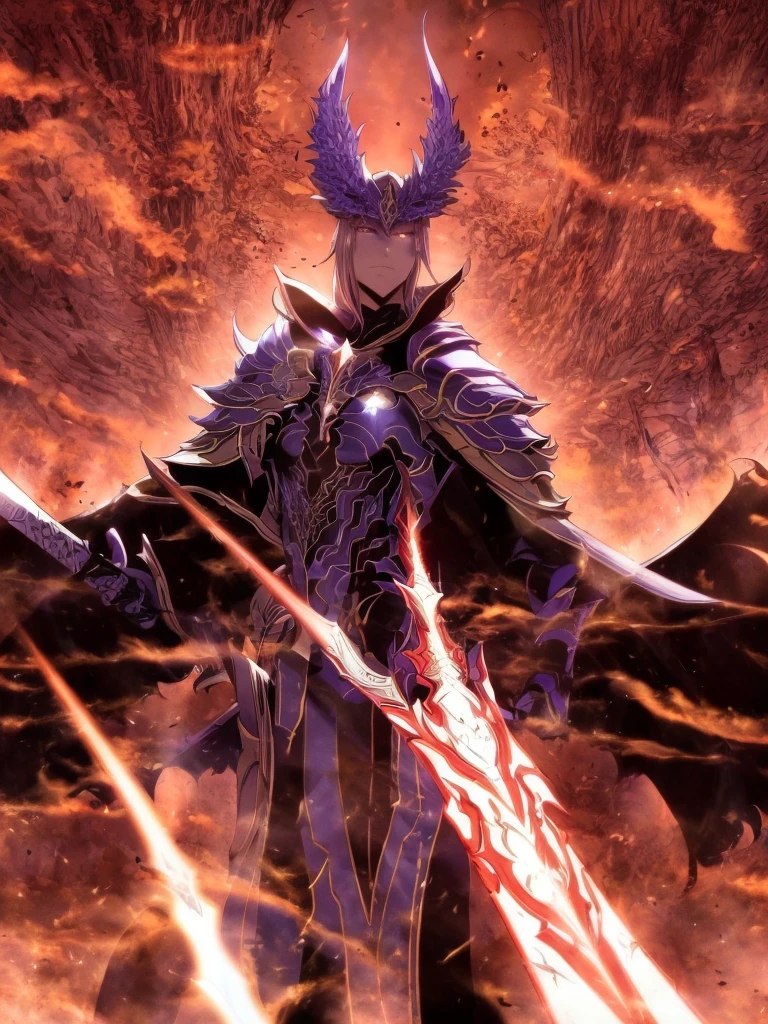 ultra HD 8k, a powerful warrior alone in a dark fantasy setting, holding a glowing sword, surrounded by intense magic and ethereal light, with a menacing aura and a determined expression, creating an intense atmosphere of danger and suspense, painted in a realistic style with high resolution details, vibrant colors, and striking contrasts, reminiscent of epic fantasy games and novels.