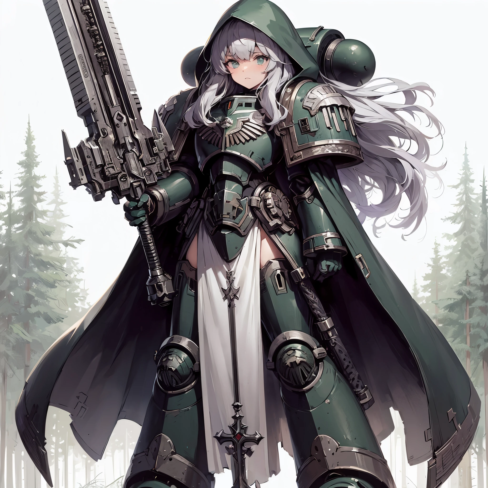 Masterpiece, best quality, ultra-detailed, anime style, solo, full body of space marine girl, dark green power armor with white trim, gray silver hairstyle, hooded and robe, held huge two-handed sword, standing on forest, Warhammer 40K, 8k high resolution, trending art station, white background, whole body,