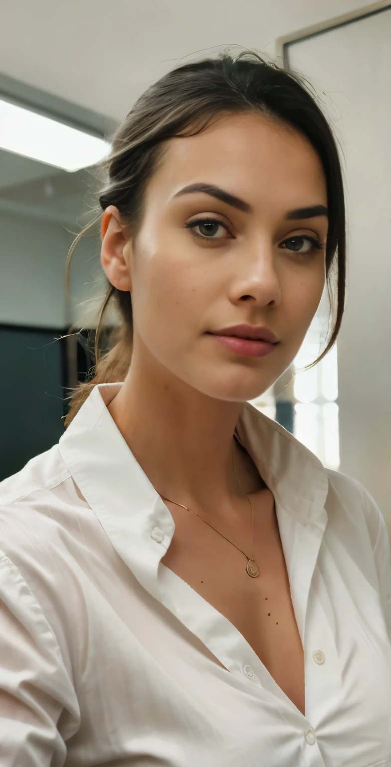 analog style, RAW photo, photography, hyper photorealistic, amateur photo shot of a woman in an office, looking at the camera, with a white dress shirt , detailed skin, soft natural raw light, highly detailed, best quality, ultra detailed, extremely detailed, taken from mobile camera, f/22, deep depth of field, grain, noise