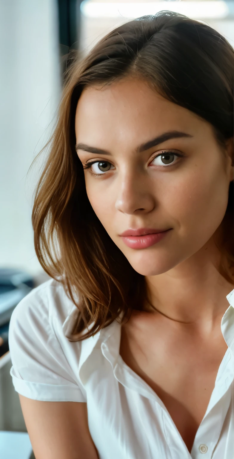 analog style, RAW photo, photography, hyper photorealistic, amateur photo shot of a woman in an office, looking at the camera, with a white dress shirt , detailed skin, soft natural raw light, highly detailed, best quality, ultra detailed, extremely detailed, taken from mobile camera, f/22, deep depth of field, grain, noise