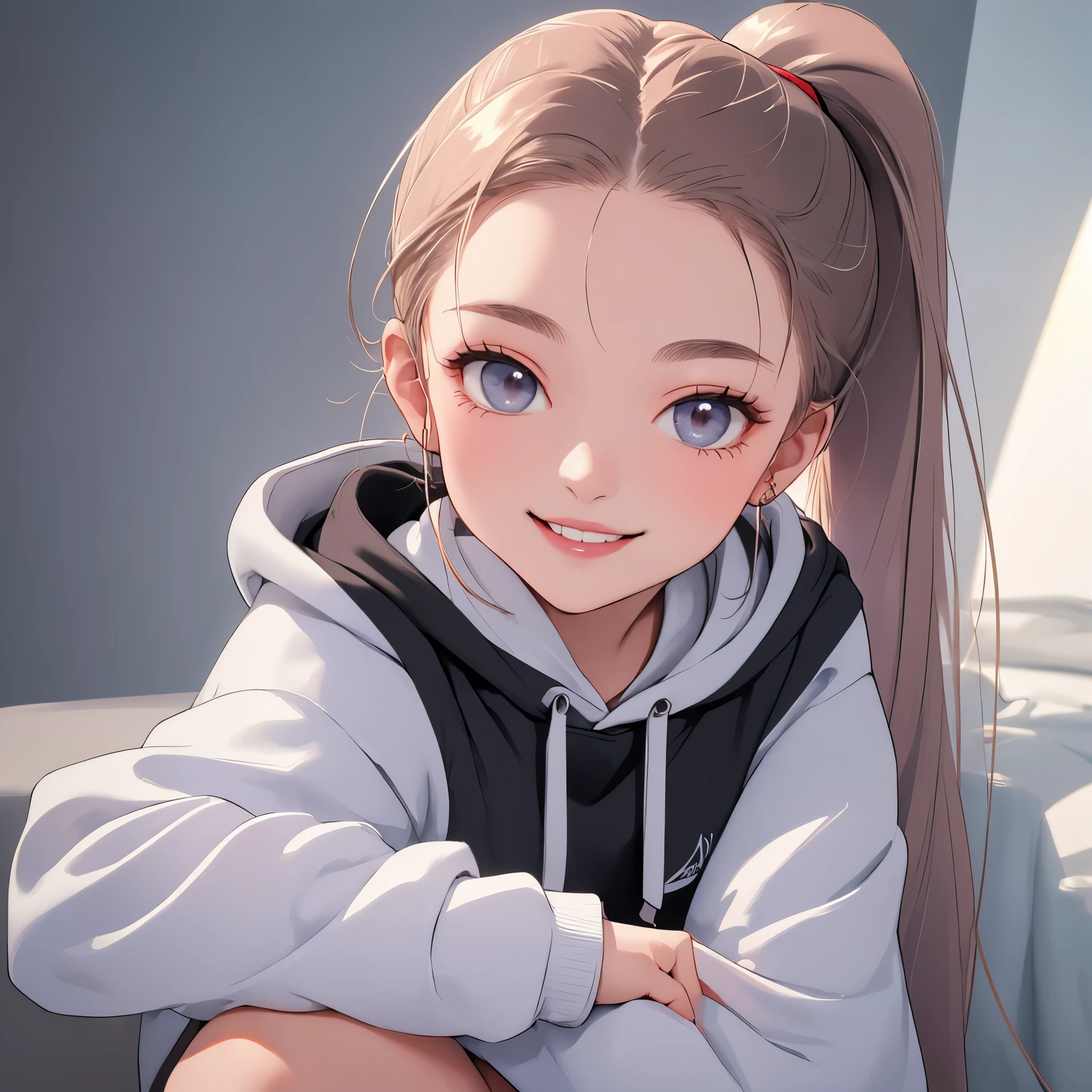 Miss,Age 20 years,ponytail,Smile,hoodie,portrait,(masterpiece, best quality, high resolution),