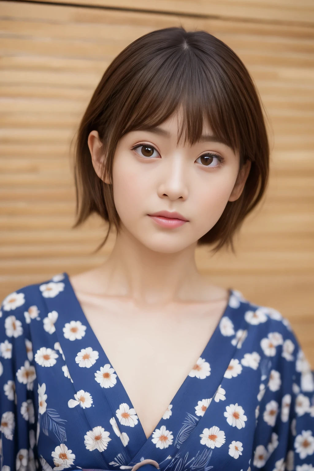 Wearing a yukata、Realistic Japan Woman, beautiful japanese female, goddess of Japan, Beautiful Japan Female Face、A MILF、Sexy Japan woman、Looking at the camera、Look into the eyes、facing front、Beautiful collarbone、Narrow-eyed、Single eyelid、Small eyes、tthin eyebrows、30-year-old woman with、low nose、thin lipss、tying brown hair、On tatami mats、Sit upright