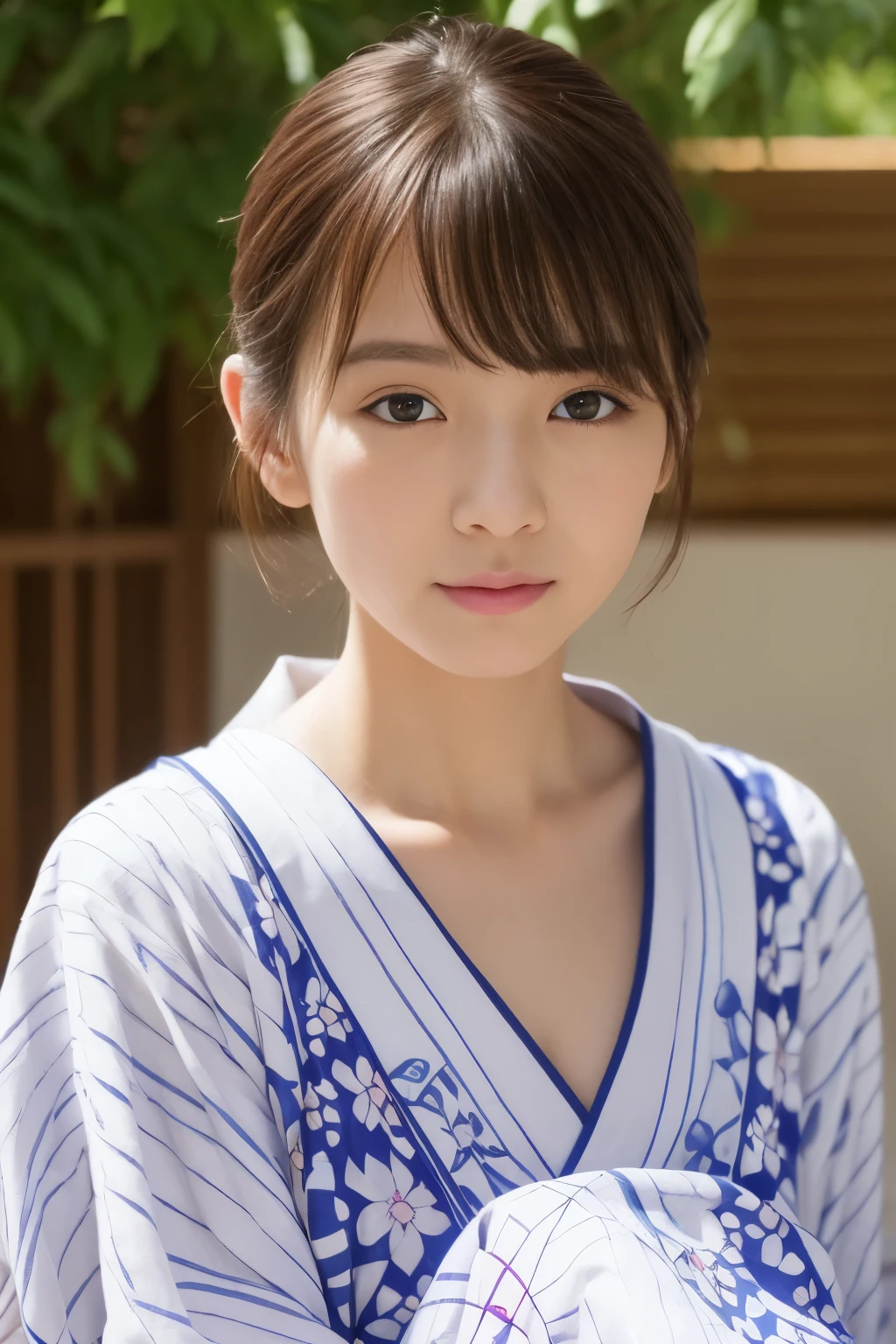 Wearing a yukata、Realistic Japan Woman, beautiful japanese female, goddess of Japan, Beautiful Japan Female Face、A MILF、Sexy Japan woman、Looking at the camera、Look into the eyes、facing front、Beautiful collarbone、Narrow-eyed、Single eyelid、Small eyes、tthin eyebrows、30-year-old woman with、low nose、thin lipss、tying brown hair、On tatami mats、Sit upright