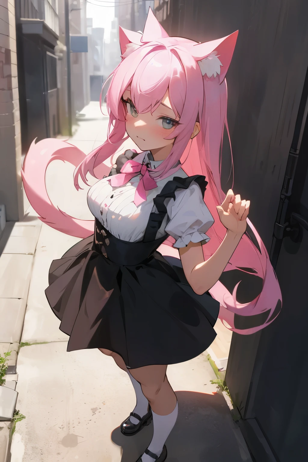 One charming cat-girl in an elegant feline-themed dress, her ears adorned with pink ribbons, takes a discretionary moment in the alleyway, standing with a sense of embarrassment. Her cheeks are flushed and her emerald eyes fill with shame as she keeps her mouth shut, casting nervous glances around before looking away in a bashful manner. Her tail swishes gently behind her, twitching nervously as she relieves herself alongside the street, her mini skirt lifted slightly, revealing a hint of her cat-ear adorned undergarments.