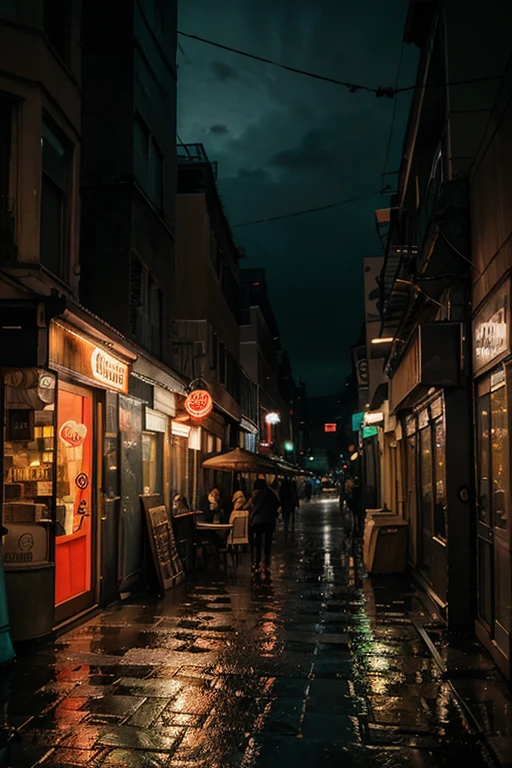 "Generate a vivid and atmospheric description of a deserted street at night during a rainy day. Imagine a scene with no people around, where the only source of light is a neon sign that says 'Café' outside a shop. Capture the ambiance, sounds, and visuals of the rainy night, emphasizing the contrast between the quiet street and the inviting glow of the neon 'Café' sign."
