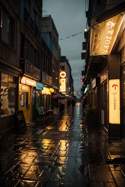 "Generate a vivid and atmospheric description of a deserted street at night during a rainy day. Imagine a scene with no people around, where the only source of light is a neon sign that says 'Café' outside a shop. Capture the ambiance, sounds, and visuals of the rainy night, emphasizing the contrast between the quiet street and the inviting glow of the neon 'Café' sign."