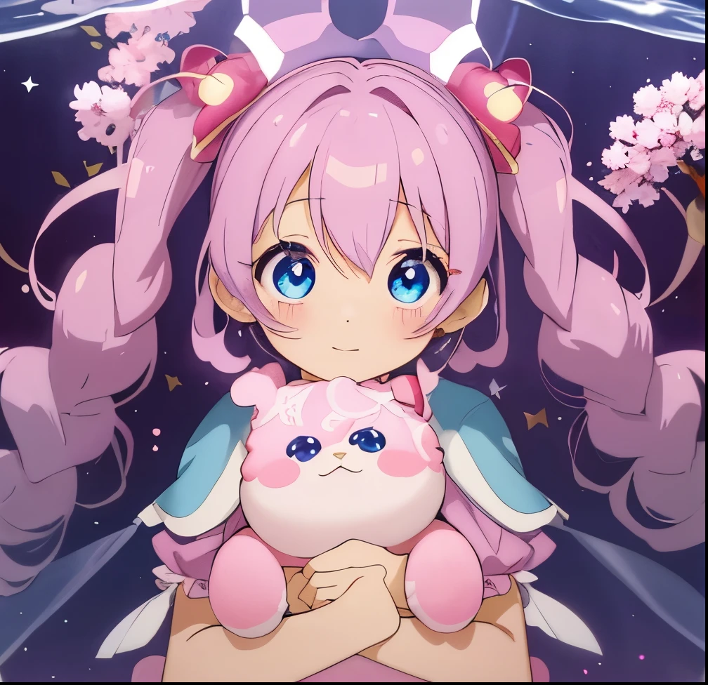 stuffed toy, sakura kinomoto, magical girl style, かわいいフモちびstuffed toy、Light purple twintail hair and blue eyes, magical girl anime mahou shojo, magical girl portrait, With big, shining, sad eyes, かわいいフモstuffed toyキツネの女の子, stuffed toy