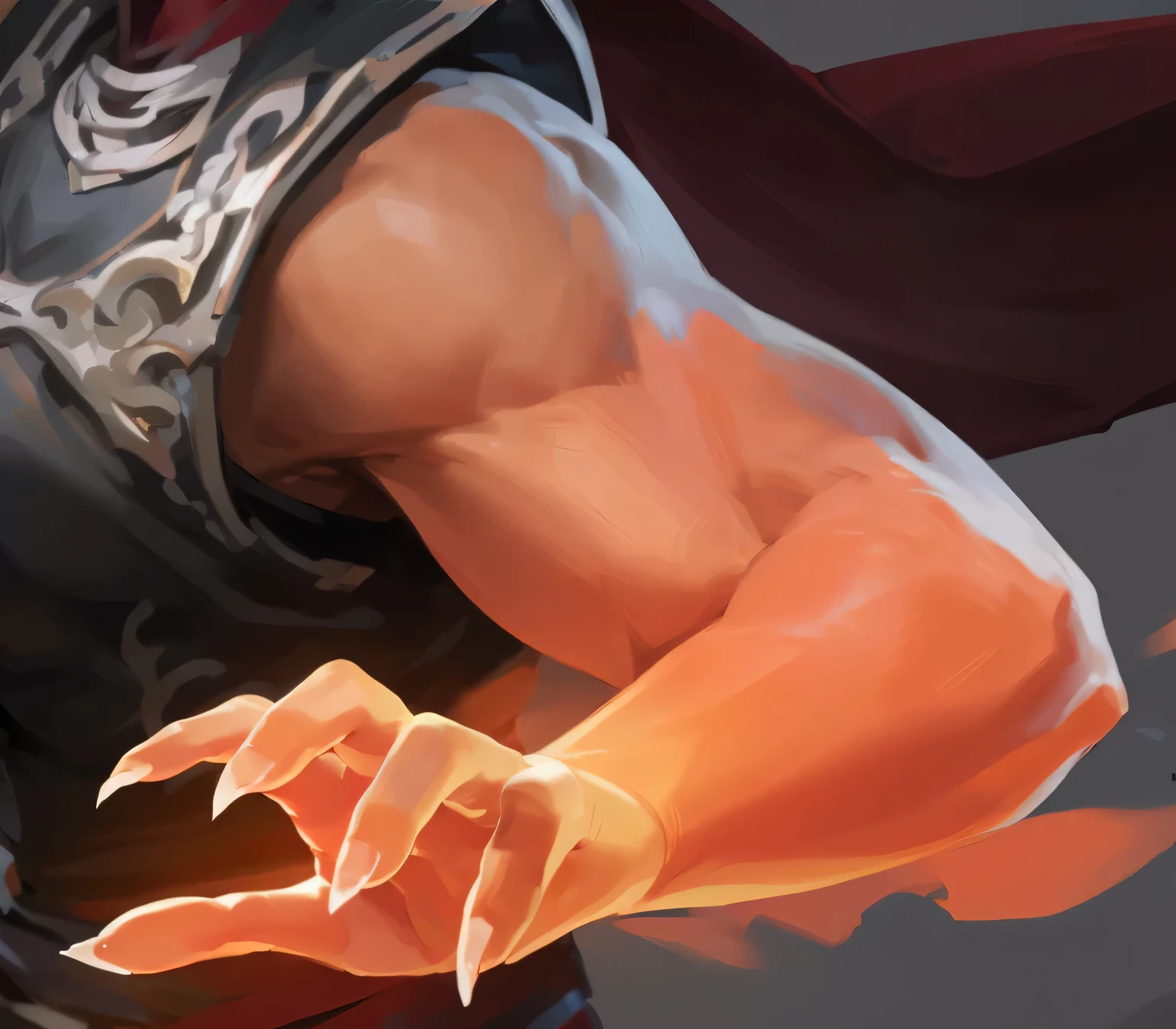 ((masterpiece)), ((ultra-detailed)), best quality, absurdres, highres, cinematic shot, rim lighting, extremely detailed, warrior, fire arm, fire hand, mtg, demon, action pose, fighter, armor, red cloth, asian,