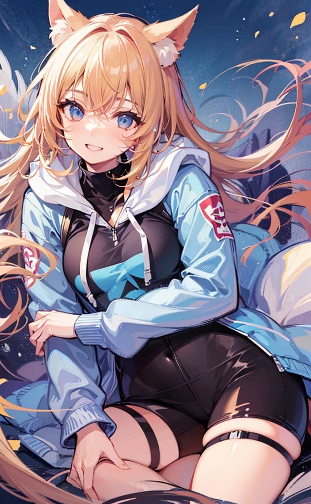 (masterpiece), (best quality), (illustration), (Super detailed), (high resolution), perfect anatomy, absurd, a girl, (Mirror sound_return), (singing voice), short hair, hairpin, Big Smile, (blonde), Very Lovely Girl, small, young, Beautifully, focus on girl, bedroom, Lovely, she, Smile, best moments, middle school, blue eyes, Bright Eyes, Lively eyes, Lovely, permanent, thigh, Sweet, Innocent, Love love, Loving viewers, clean skin, beautiful body, Lovely face, Delicate arms, boyfriend's gaze, Lively eyes, Neat, bare legs, Dubbo Dubbo hoodie, perfect hood, white hoodie, black shorts, beautiful girl, blue sky, Energetic, best girlfriend, happiness, cat ears, Lying in bed, Lying in bed, naughty mood