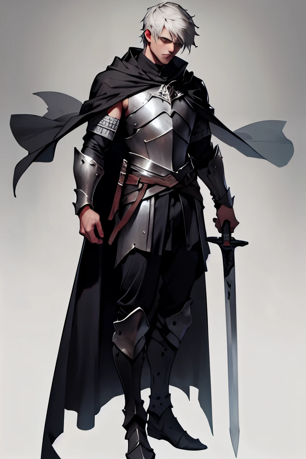 knight，silver armor，Black cape，highlight，Hold the greatsword in both hands，middle Ages，religion，front，Full body image