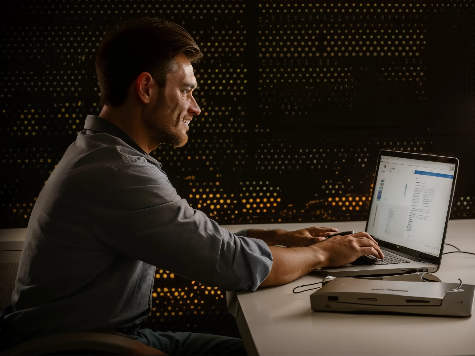 there is a man sitting on a table with a laptop, Trabalhando em um laptop em uma mesa, Utilizar um MacBook, em um fundo escuro, sentado na frente do computador, digitando no laptop, captura de tela de alta qualidade, foto de retrato, codificador criativo com um computador, sentado em um computador, detailed foto de retrato, com um laptop no colo, imagem verdadeiramente realista