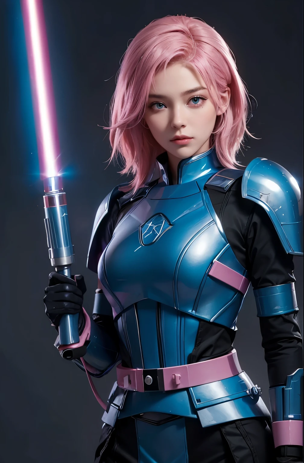 A very beautiful woman. Twenty years old. pink hair. She wears a blue metallic battle uniform. He holds a light saber in one hand. Serious look.