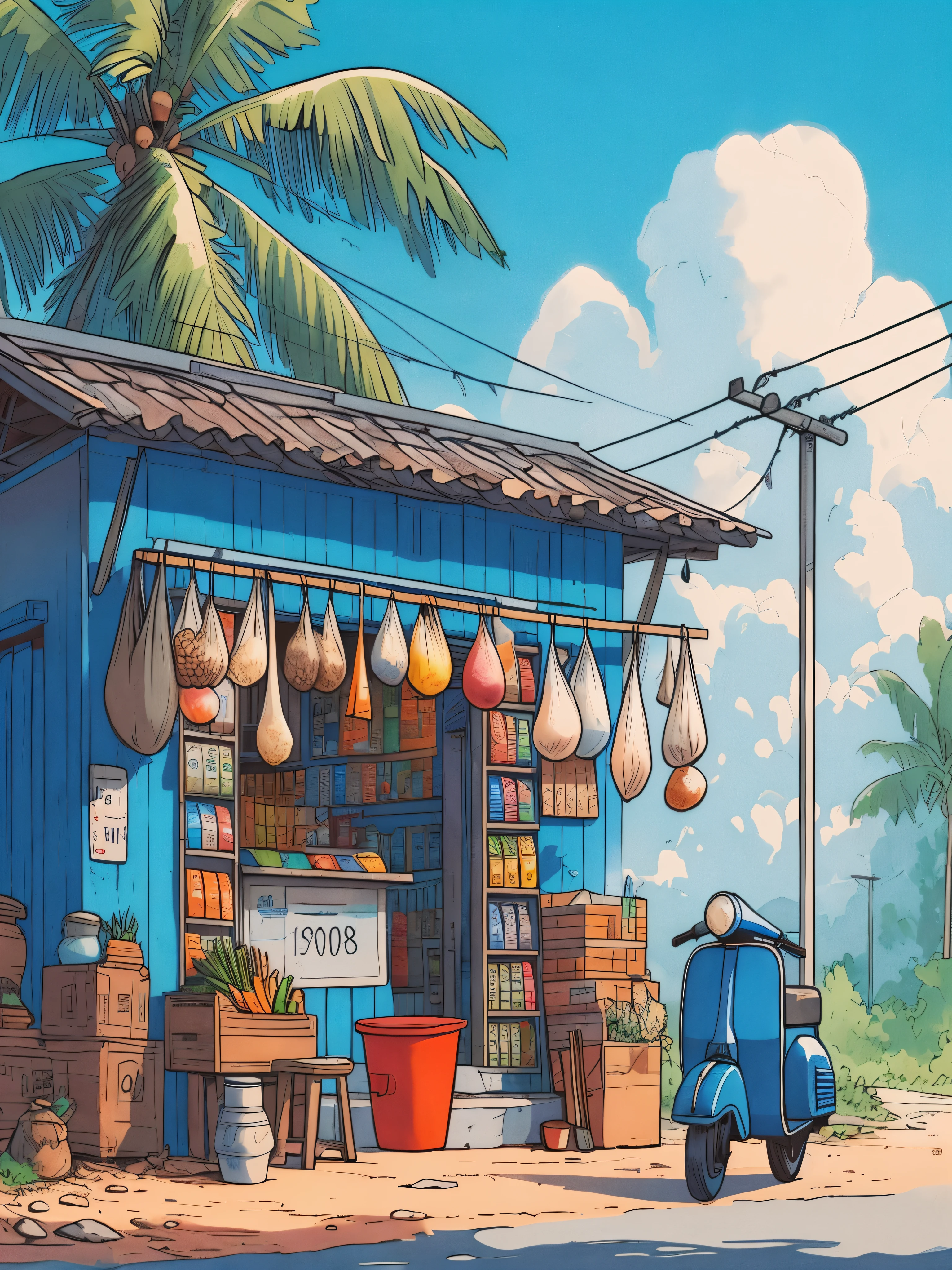 Draw a tintin style anime simple art of food stall outside a small village shop with blue walls, small setup, india, village, grocery packets hanging on the wall, vibrant coconut trees, red bucket, peaceful, beautiful sky, beautiful color palette, vibrant colors, no human