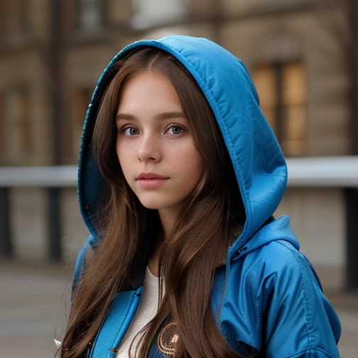 A cute teen girl wearing blue hoodie and looks alike bella proach