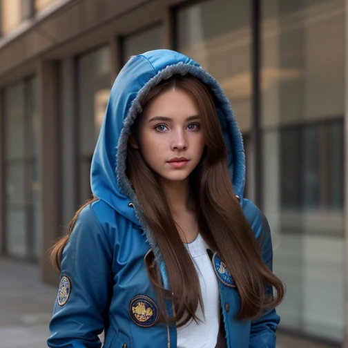 brown-haired girl, long hair very beautiful, wearing a blue jacket with a hood.