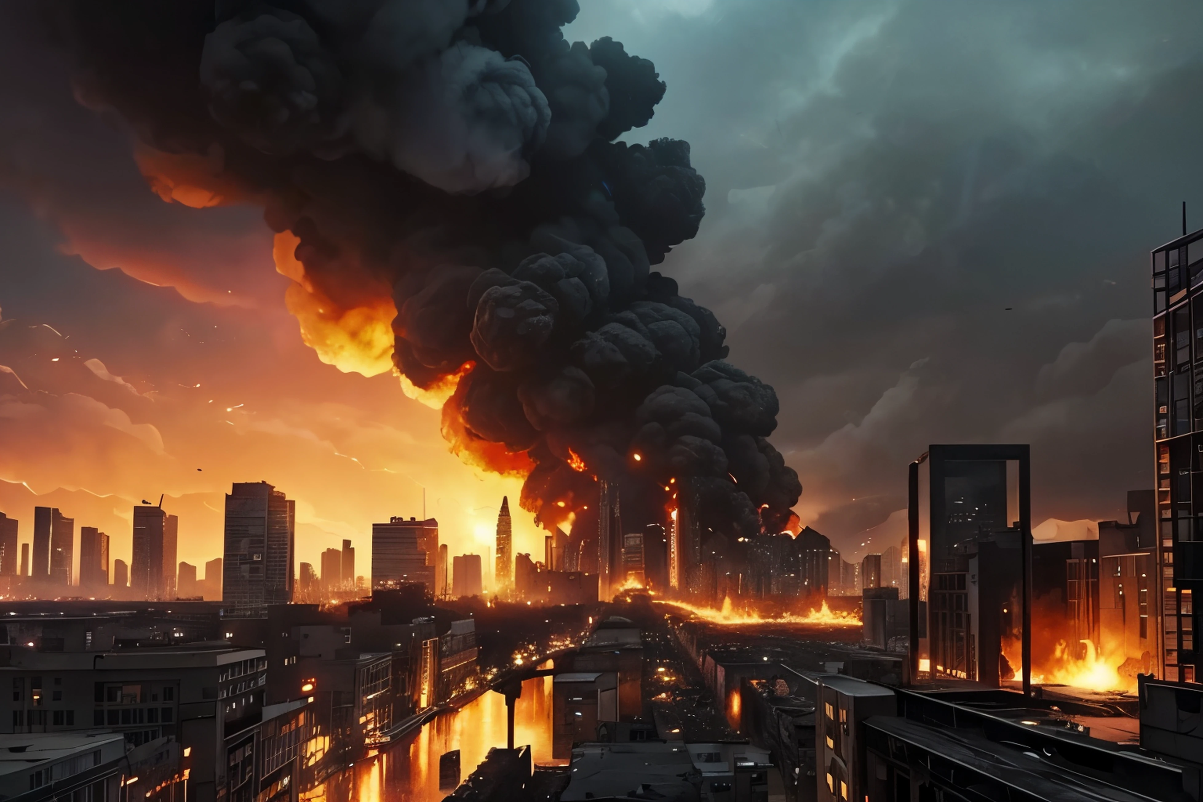 (best quality) dramatic scene, cinematic, burned city scape building, dark night envionment, still movie lighting scene 