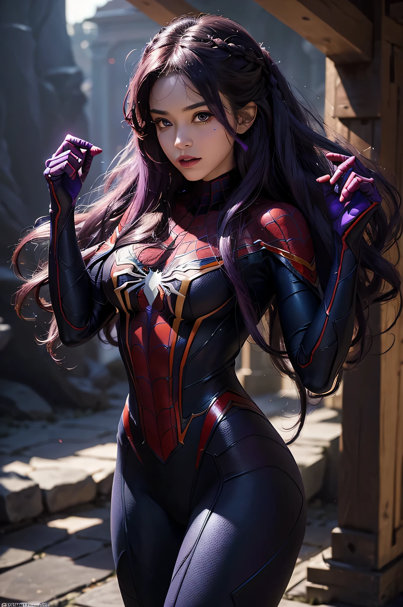 (Détails extrêmes, fond d'écran CG Unity 8K, chef-d'œuvre, la plus haute qualité), (éclairage et ombre exquis, image très dramatique, Effet de lentille cinématographique), a beautiful girl in a purple Homme araignée costume, couleur de cheveux violets bouclés, Cheveux longs, Tressage des cheveux, fleur sur la tête, bel oeil violet, Mauvais visage, lèvres pincées, from the Homme araignée parallel universe, Wenger, merveille, Homme araignée, sur la grotte, Très beau visage, Pose dynamique), (Excellent détail, excellent éclairage, grand angle), (excellent rendez-vous sur la grotte, assez pour se démarquer dans la grotte, clasocus on purple Homme araignée costumes, Textures d'araignées complexes