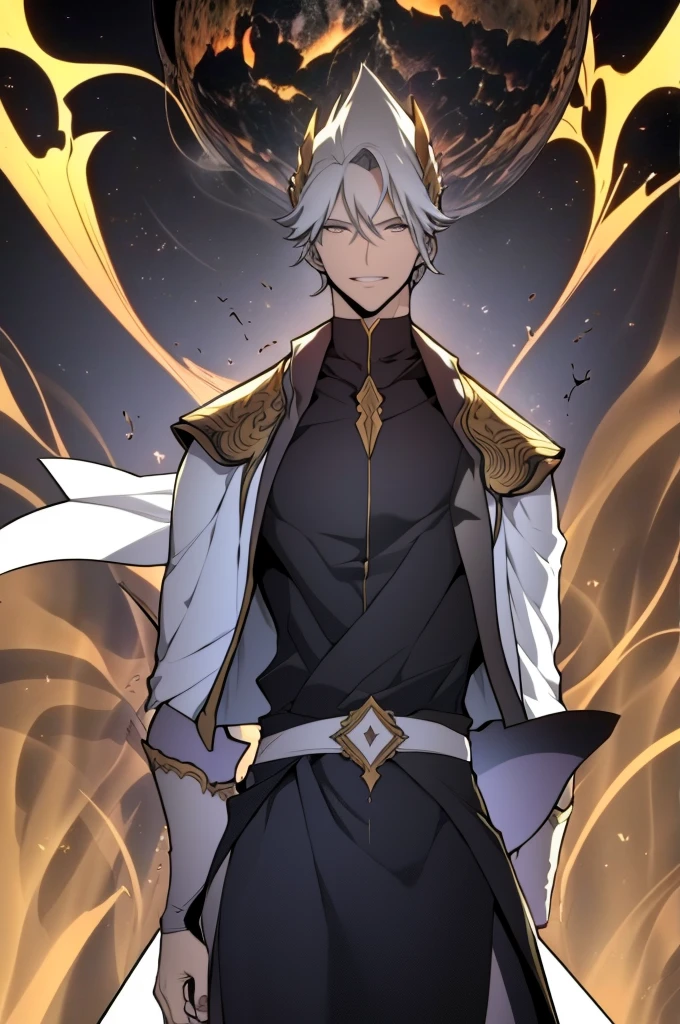 (very high resolution, 8k), (adulto masculino:1.2), cabelo curto preto, hazel eyes, belos olhos pretos detalhados, Sorriso confiante, Olhar confiante, noite de luar, estilo anime, noite calma, estrelas brilhantes, atmosfera tranquila, Brisa suave, postura elegante, roupas elegantes, fundo misterioso, cores vibrantes, dynamic lighting, deus da lua, Cosmic Imaging, roupa chinesa, manto com capuz