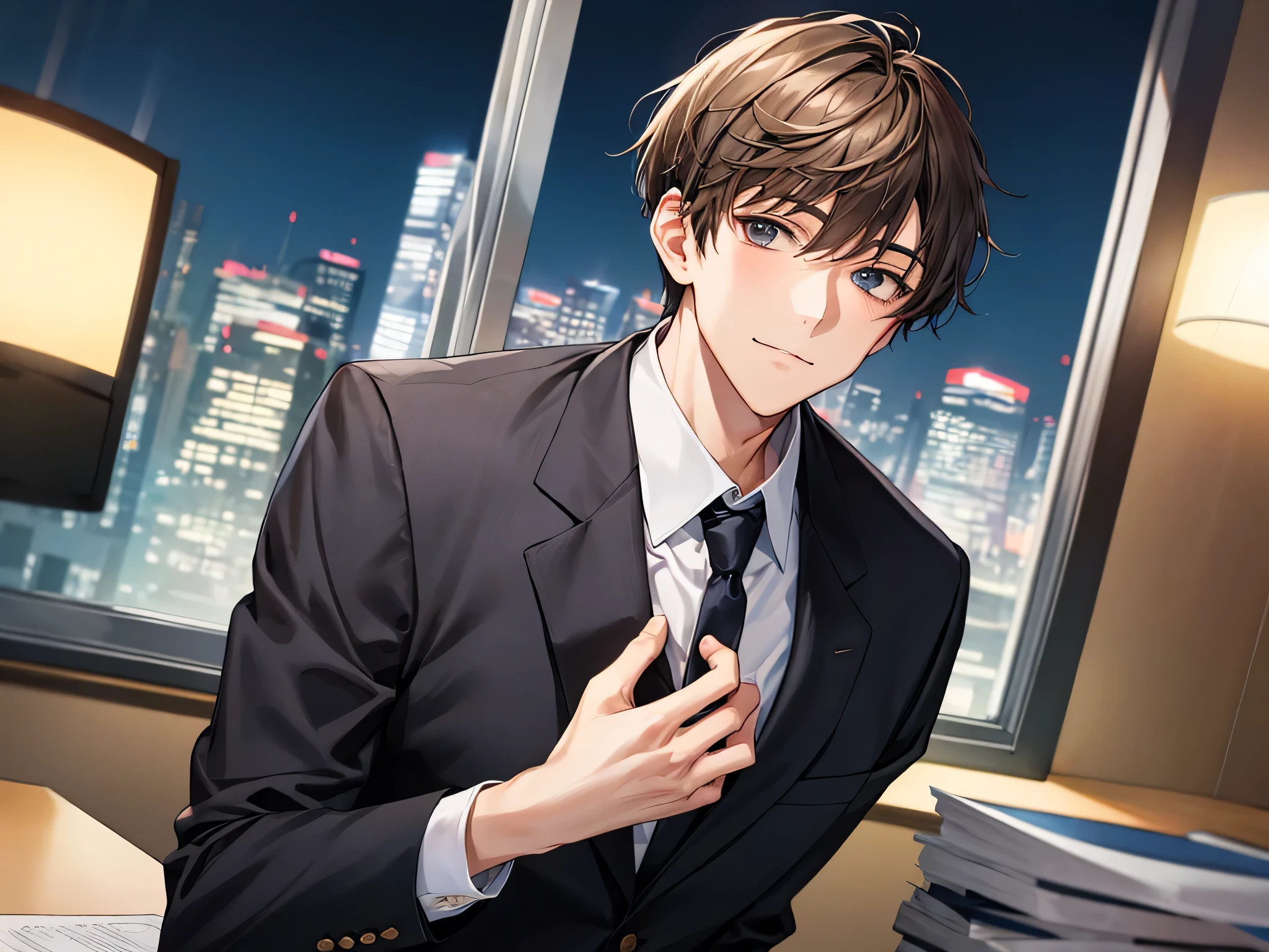 Anime man in suit and tie standing in front of a window - SeaArt AI
