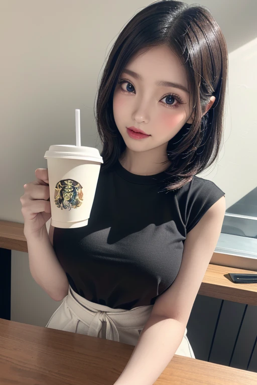 (1 chica), tetas superHugue, broncearse, piel humeda, piel sudorosa, Short brown hair, camiseta negra, drinking coffee