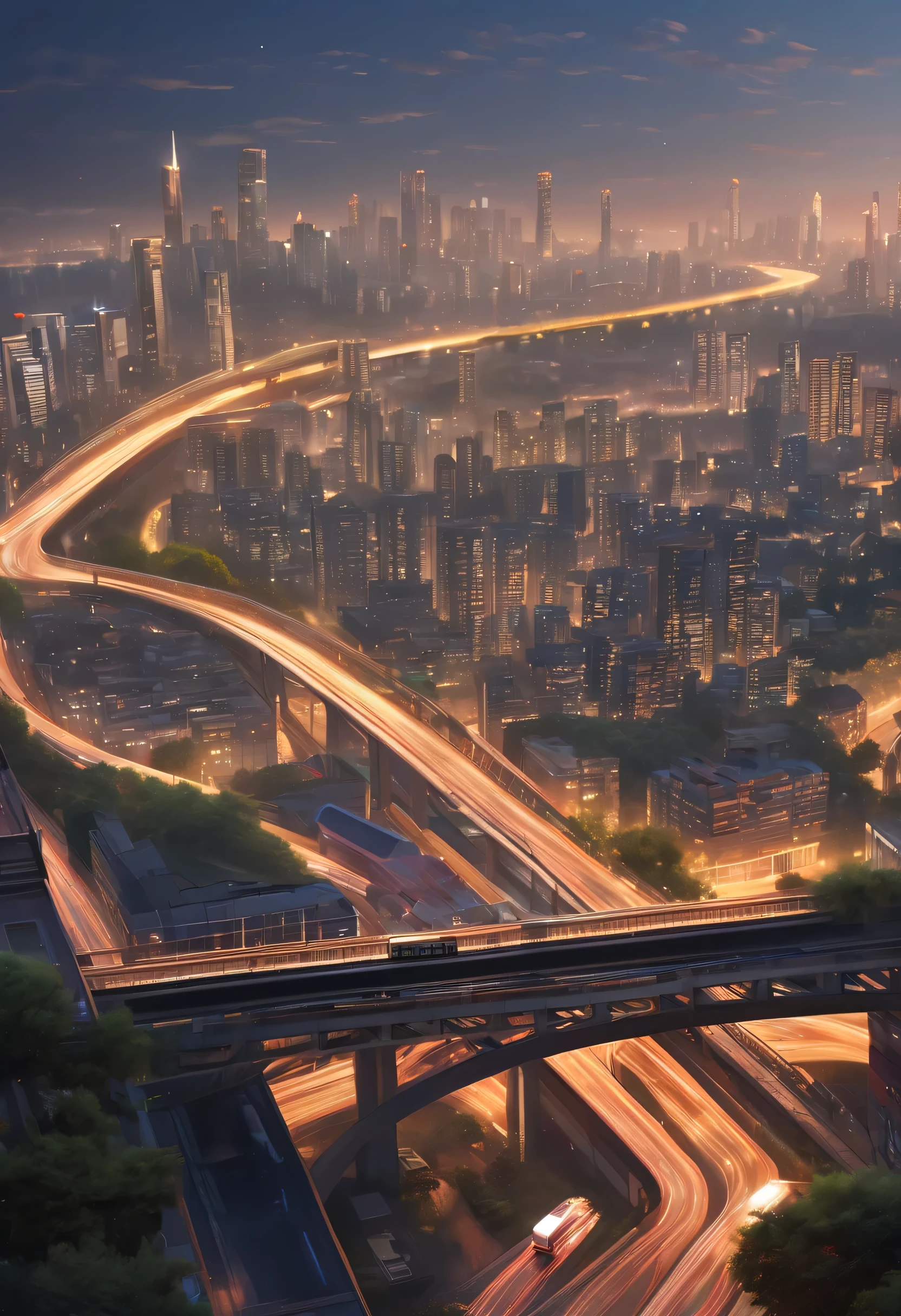 (best quality,4k,8k,highres,masterpiece:1.2),ultra-detailed,(realistic,photorealistic,photo-realistic:1.37),evening themed wallpaper,urban view,streets,skyscrapers,roads,trees,vehicles,industries,vibrant colors,soft lighting,A girl standing in the foreground,admiring the cityscape,hands gently resting on the guardrail,wearing a stylish dress with flowing fabric,long wavy hair gently swept by the breeze,sparkling eyes reflecting the city lights,a sense of wonder and contemplation,paved streets with meandering paths,leading through the bustling city,tall skyscrapers reaching for the sky,illuminated by the warm glow of the setting sun,windows casting a soft, golden light,glimpses of people going about their evening routine,the sound of distant traffic,echoing through the city,leafy trees lining the streets,providing shade and tranquility,their leaves gently rustling in the wind,faint aromas of street food wafting through the air,adding to the sensory experience,bustling roads filled with cars and buses,honking horns and busy intersections,bridges and overpasses connecting different parts of the city,showcasing its architectural marvels,industrial area at the outskirts of the city,with factories and warehouses,smokestacks releasing soft tendrils of smoke,creating an atmospheric backdrop,overhead view of the city,with lights twinkling like stars,the city becoming a masterpiece of human creation,a captivating blend of nature and urban life,inviting viewers to immerse themselves in its beauty.