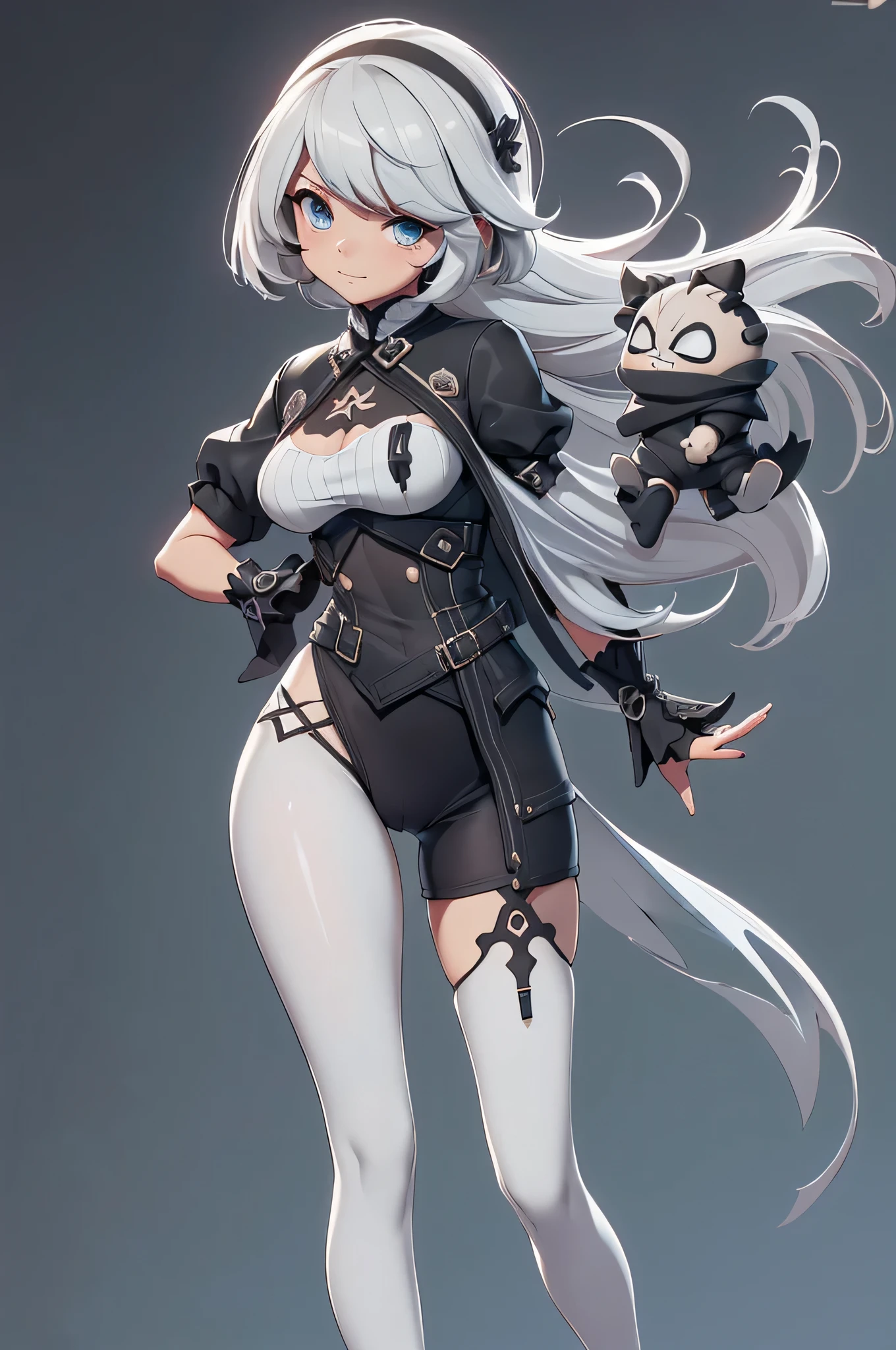 Mini nier automata, (nier automata), solo, ray tracing, Estilo 3D, 3DMM, ((oses por foto)), ((oses em cada foto)), corpo inteiro,(Front view),(Emisão Costas), (Emist on the left), mostrar barriga lisa, (((oses por foto))),(seios muito grandearriga perfeita, olhos perfeitos e simetricos, (perfect handuturistic sword in hand)), ((cabelos curto)),((Roupas de bruxo abertas)),roupa branca com bordas texturizadas, pele clara, luemas detalhadas, White thigh-high tights with trim, emestido aberto em "em", cintura fina, pernas grande, low water, Show legs to the top of the waist, (tecido partido caindo sobre as pernas),((top aberto)),pele ultra realista, olhos realistas humano,pele ultra realista,((blusa listrada)),traje super sensual,(faixas em torno dos seios), colorida,top com babados,(pubis com muito volume),(extremamente sensual),(very sensual),(((cabelo preto))),(((bodysuite branco))),((white and black and gray theme)),(ligth theme),(mostrar pernas e quadril),(roupa rasgando),(showing legs and feet)