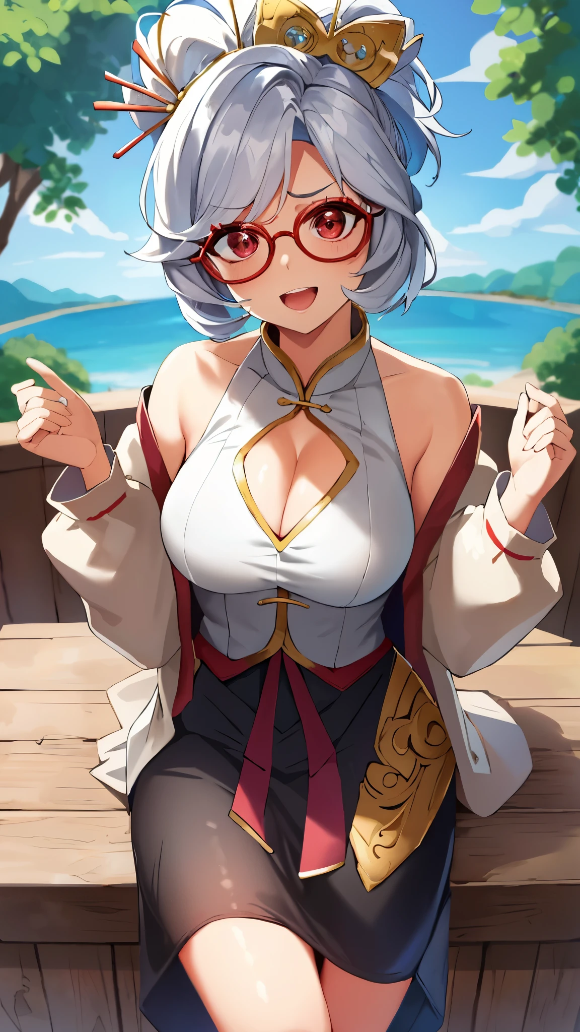 masterpiece, best quality, purah, red glasses,Off the shoulder dress, hair accessories, white jacket, sleeveless tops, black skirt, Upper body, from above, looking at the audience, Smile, open mouth, Frowning, rural ,cleavage